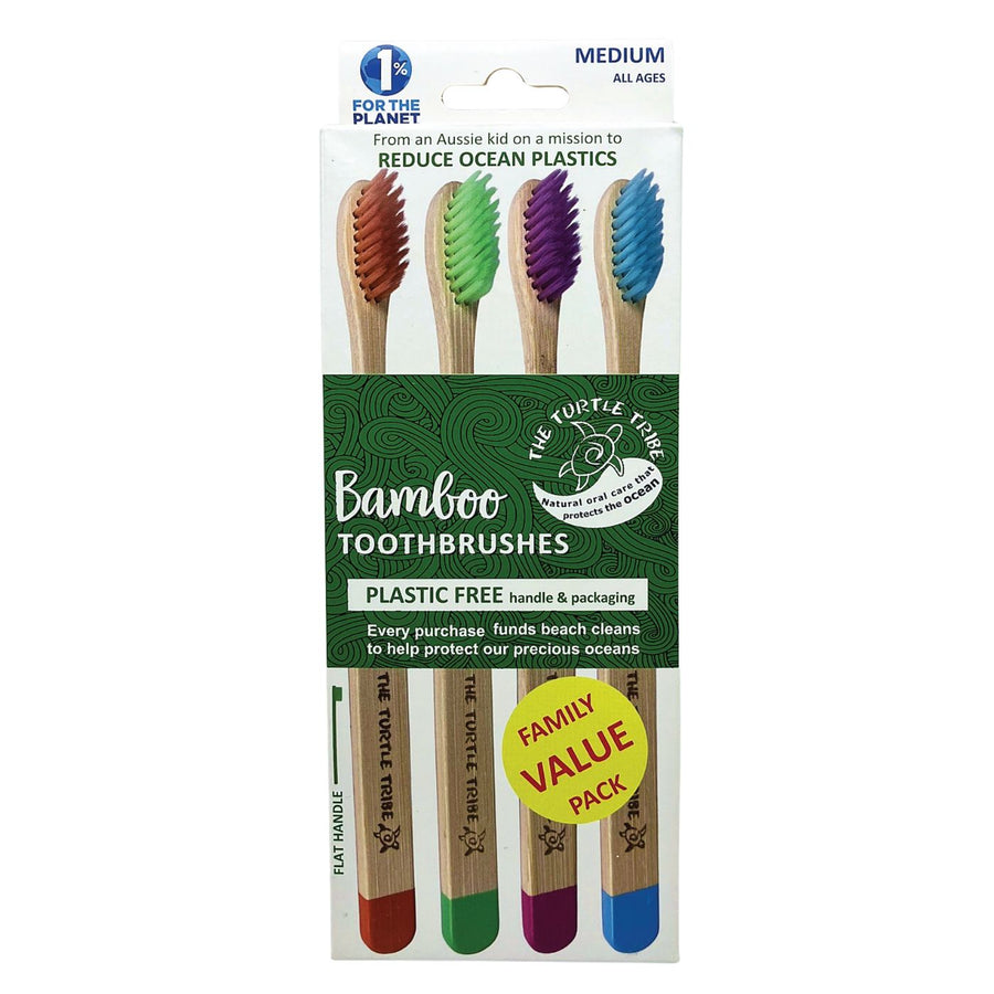 Turtle Tribe Eco Bamboo Toothbrush 4 Pack. Say no to plastic with this dentist designed bamboo toothbrush handle, soft bristles and suitable for all ages. Funds are donated to Ocean Crusaders who help clean up the plastic in  our oceans.