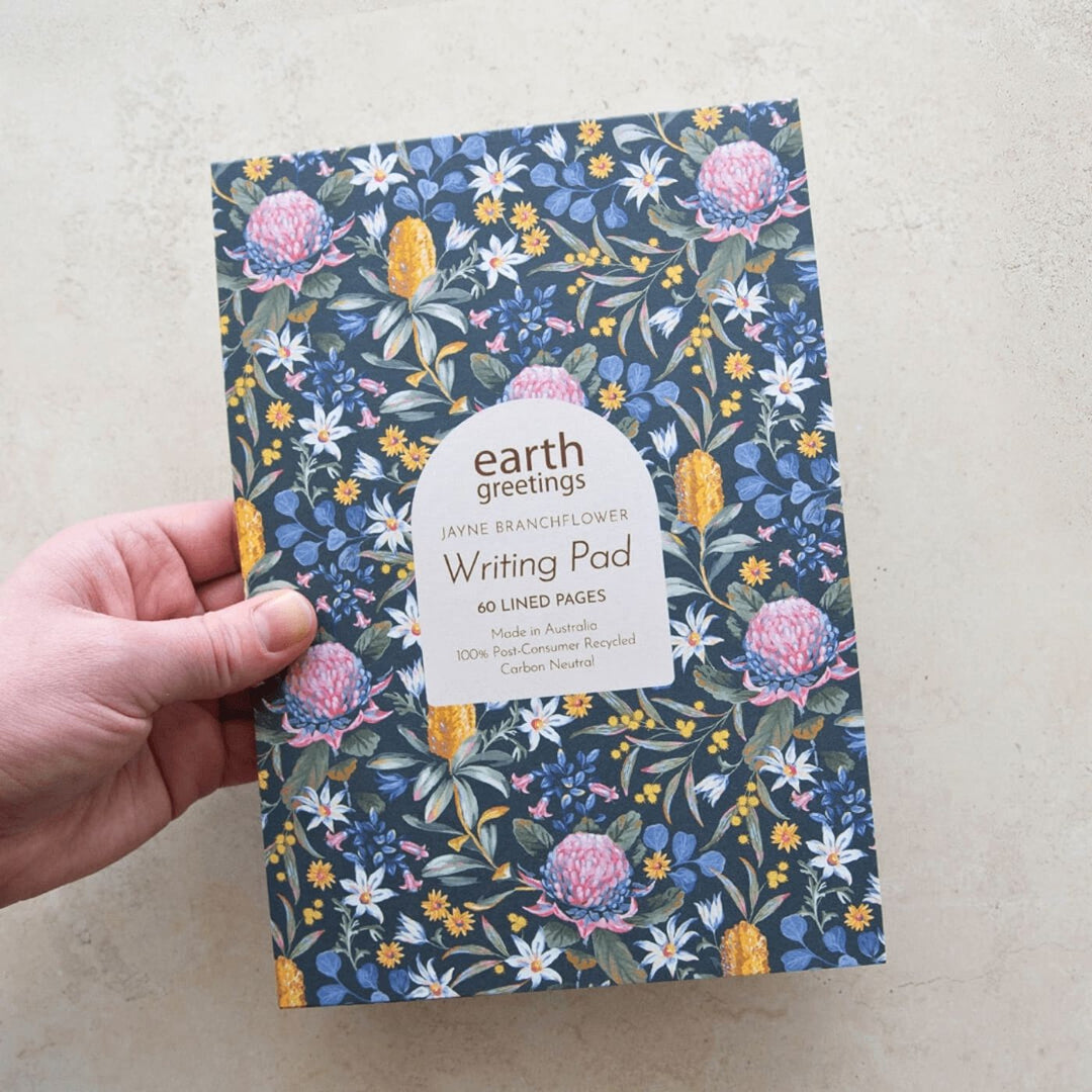 Earth Greetings Bushwalk A5 Lined Writing Pad. Eco friendly, Australian Made, 100% recycled writing paper. Write lovely letters and pretty up your desk space with this luxurious A5 Writing Pad.