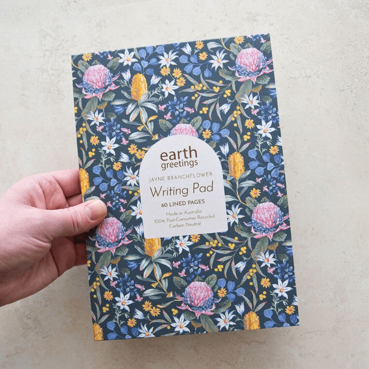 Earth Greetings Bushwalk A5 Lined Writing Pad. Eco friendly, Australian Made, 100% recycled writing paper. Write lovely letters and pretty up your desk space with this luxurious A5 Writing Pad.