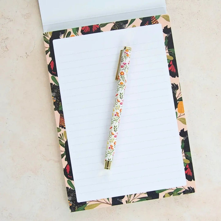 Earth Greetings Cockatoos & Banksia A5 Lined Writing Pad. Eco friendly, Australian Made, 100% recycled writing paper. Write lovely letters and pretty up your desk space with this luxurious A5 Writing Pad.