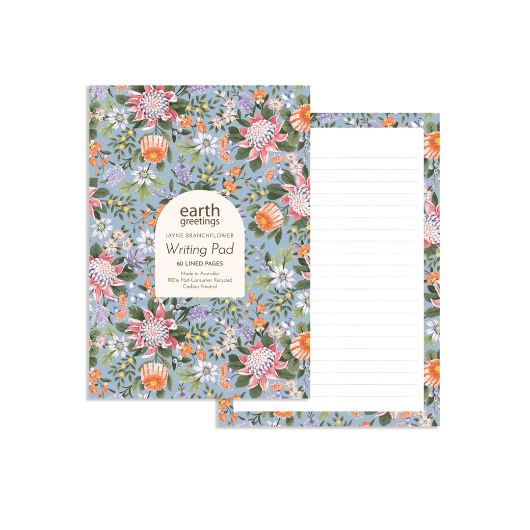 Earth Greetings Abundance A5 Writing Pad. Eco friendly, Australian Made, 100% recycled writing paper. Write lovely letters and pretty up your desk space with this luxurious A5 Writing Pad.