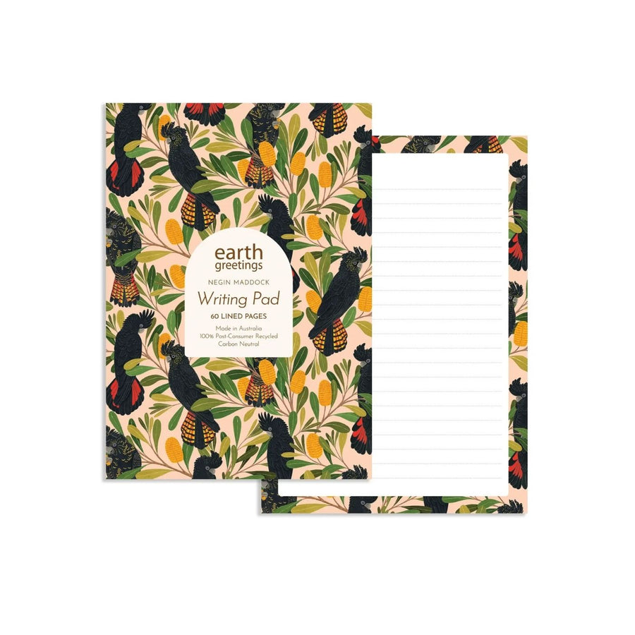 Earth Greetings Cockatoos & Banksia A5 Lined Writing Pad. Eco friendly, Australian Made, 100% recycled writing paper. Write lovely letters and pretty up your desk space with this luxurious A5 Writing Pad.