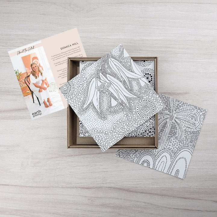 Earth Greetings Colouring Cards Pack - First Nations Art. Each boxed set contains 6 x large 145mm square greeting cards to colour, featuring Aboriginal artwork by First Nations artist, Domica Hill. The cards are blank inside for your personal message. Create personalised keepsakes that friends and family will love to receive. 