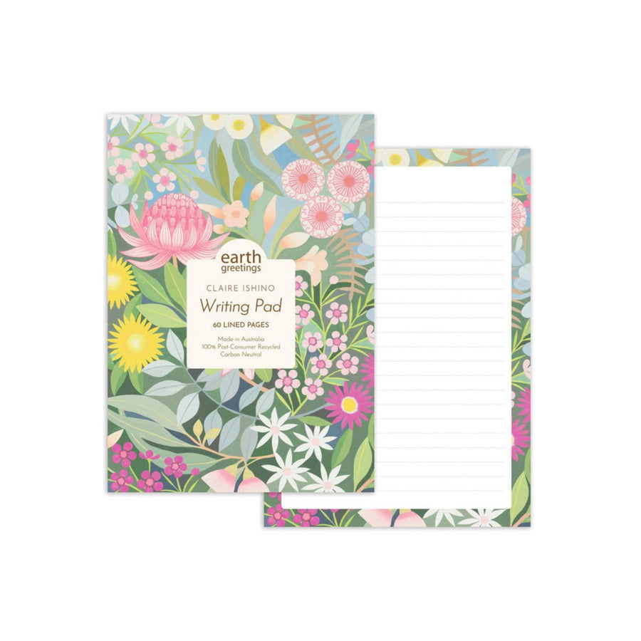 Earth Greetings Bush Bouquet. Eco friendly, Australian Made, 100% recycled writing paper. Write lovely letters and pretty up your desk space with this luxurious A5 Writing Pad.