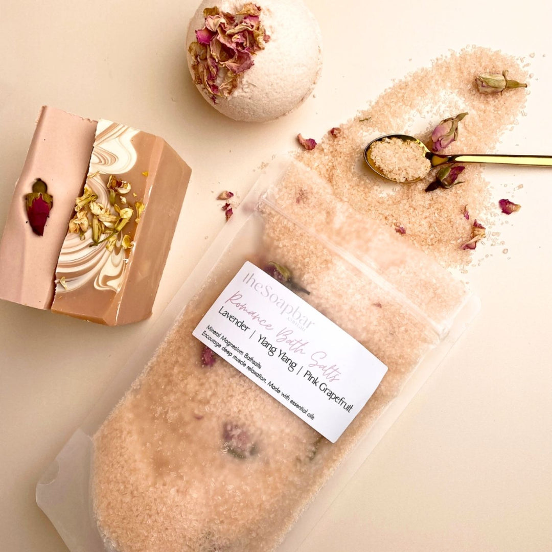 Romance Bath Salts 350g by The Soap Bar, mineral bath salts with dried roses, lavender, ylang ylang and pink grapefruit oils, relaxing bath soak.