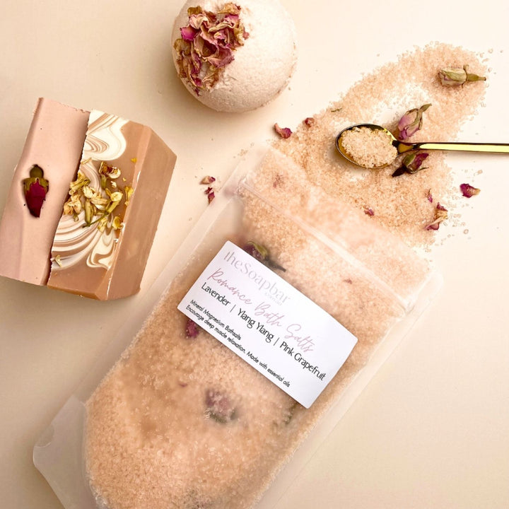Romance Bath Salts 350g by The Soap Bar, mineral bath salts with dried roses, lavender, ylang ylang and pink grapefruit oils, relaxing bath soak.