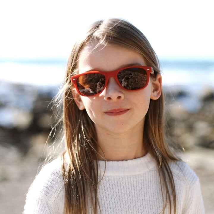 Sustainable SOEK Sunglasses for Kids - Little Avalon Red Sunnies with Polarised Lens for Age 7-10. Stylish, sustainable eyewear that gives back — SOEK plants one tree for every pair sold. Look good, do good, and help reforest the planet with every purchase.