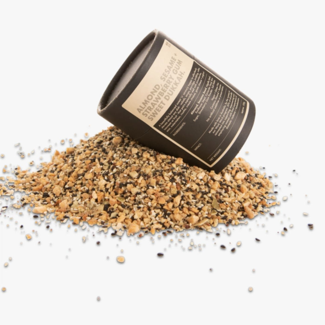 Two Good's Almond, Sesame & Strawberry Gum Sweet Dukkah, a vegan, gluten-free dessert topper supporting employment for women at risk.