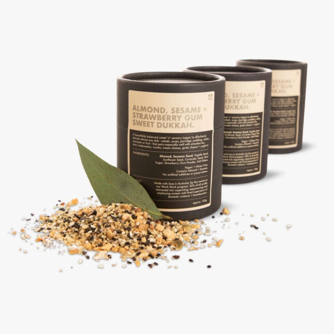 Two Good's Almond, Sesame & Strawberry Gum Sweet Dukkah, a vegan, gluten-free dessert topper supporting employment for women at risk.