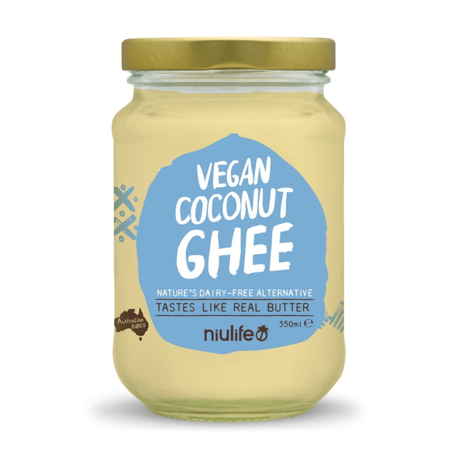 glass jar of with vegan coconut ghee text on blue label