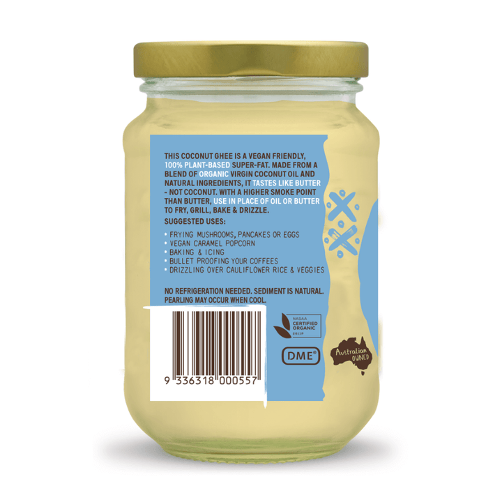 glass jar of with vegan coconut ghee text on label